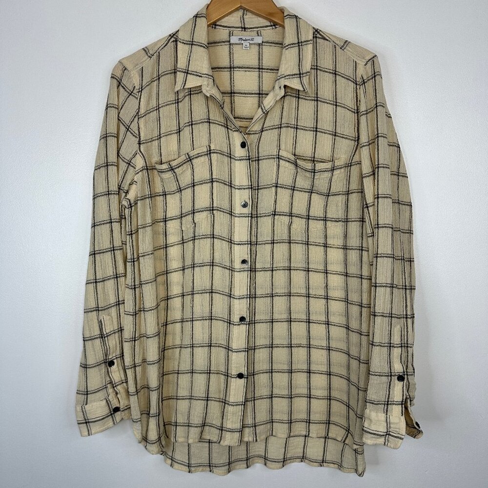 Madewell  Guaze Oversized Plaid Button Down Relax Fit Blouse Top  Ivory Black XL